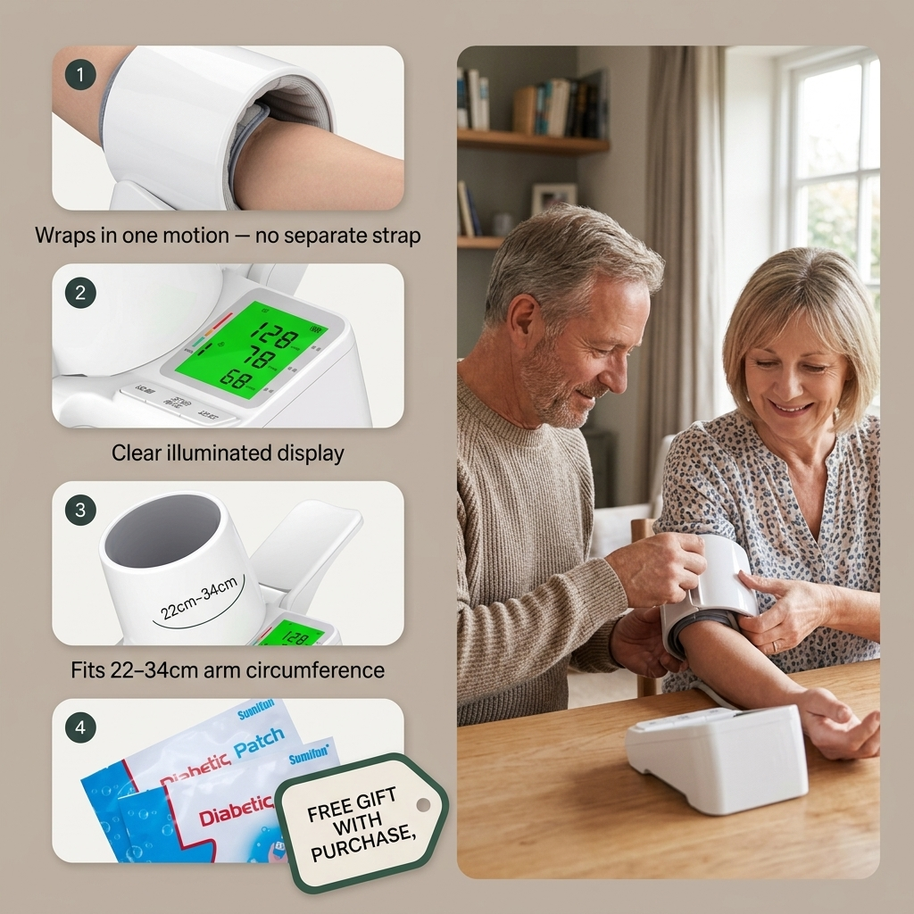 Biohale blood pressure monitor detail views of the wraparound cuff, illuminated display and arm fit range, beside a couple checking blood pressure together at home