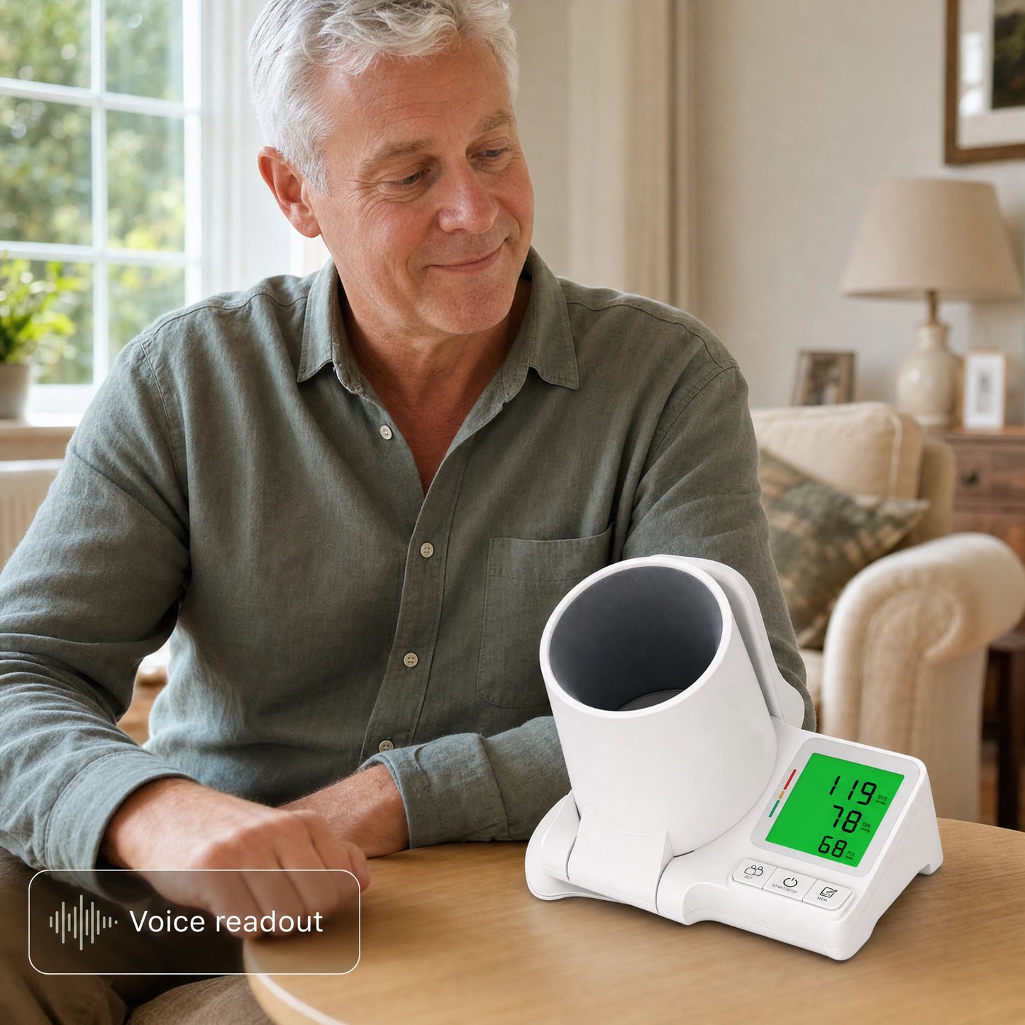 Man using the Biohale blood pressure monitor at home, illuminated display showing blood pressure and pulse with voice readout enabled