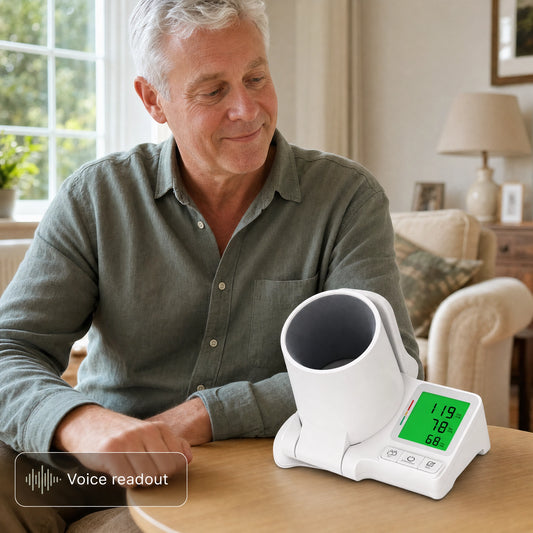 Man using the Biohale blood pressure monitor at home, illuminated display showing blood pressure and pulse with voice readout enabled